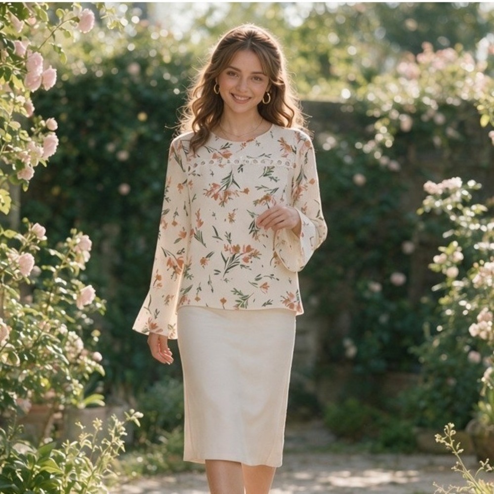 adL XS Cream Floral Eyelet Lace Blouse Coquette Cottagecore Bell Sleeve Top